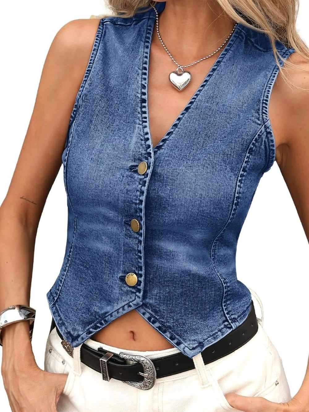 Amazon Blue Denim Button-Front Crop Vest